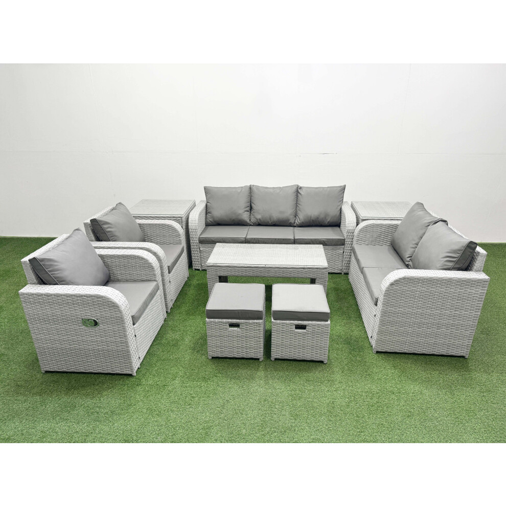 Fimous PE Rattan Garden Furniture Set Adjustable Chair Sofa Double Love Seat 2 Seater Sofa Lounge Set 2 Stools 2 Side Table Light Grey