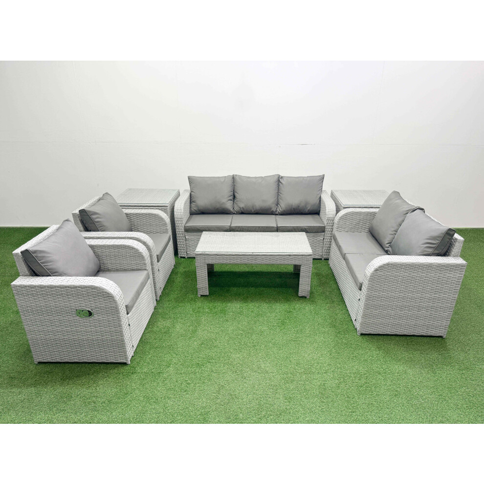 Fimous PE Rattan Garden Furniture Set Adjustable Chair Sofa Double Love Seat 2 Seater Sofa Lounge Set 2 Side Table Light Grey