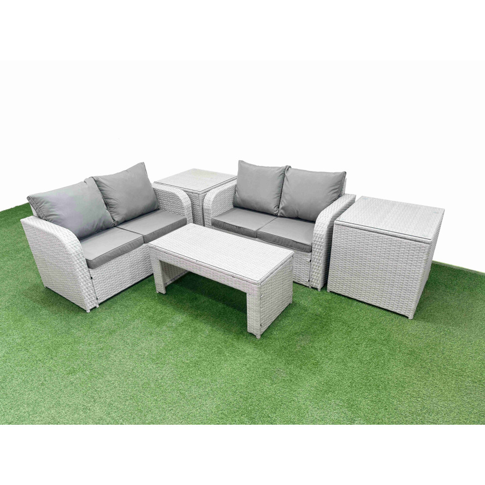 Fimous 4 Seater Outdoor Love Sofa Set Rattan Garden Furniture Set with Oblong Coffee Table 2 Side Tables Light Grey