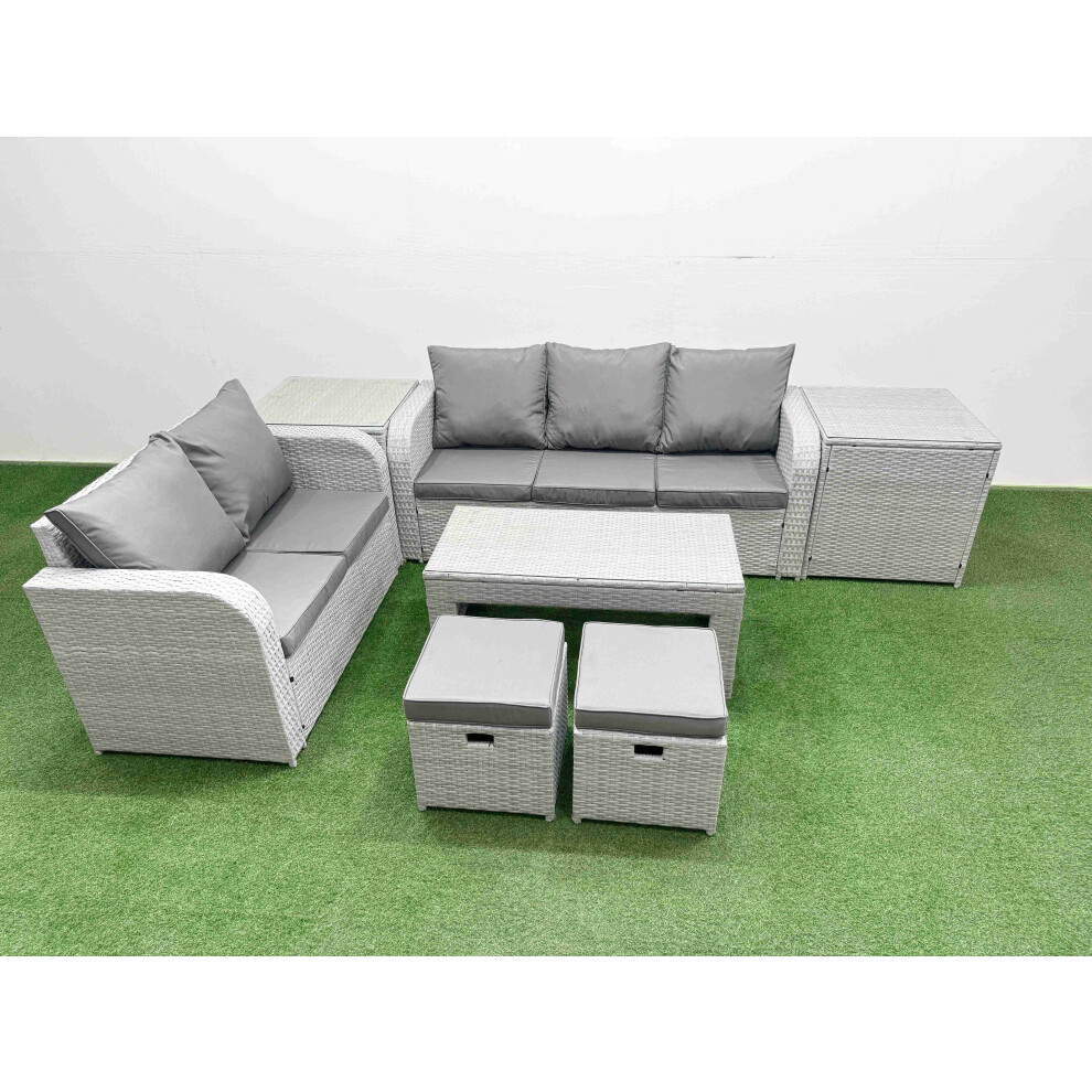 Rackhams Light/Grey 7 Seater Rattan Garden Furniture Set With Coffee Table, 3 Seater Sofa, Love Sofa, 2 Stools & 2 Side Tables - Image 2