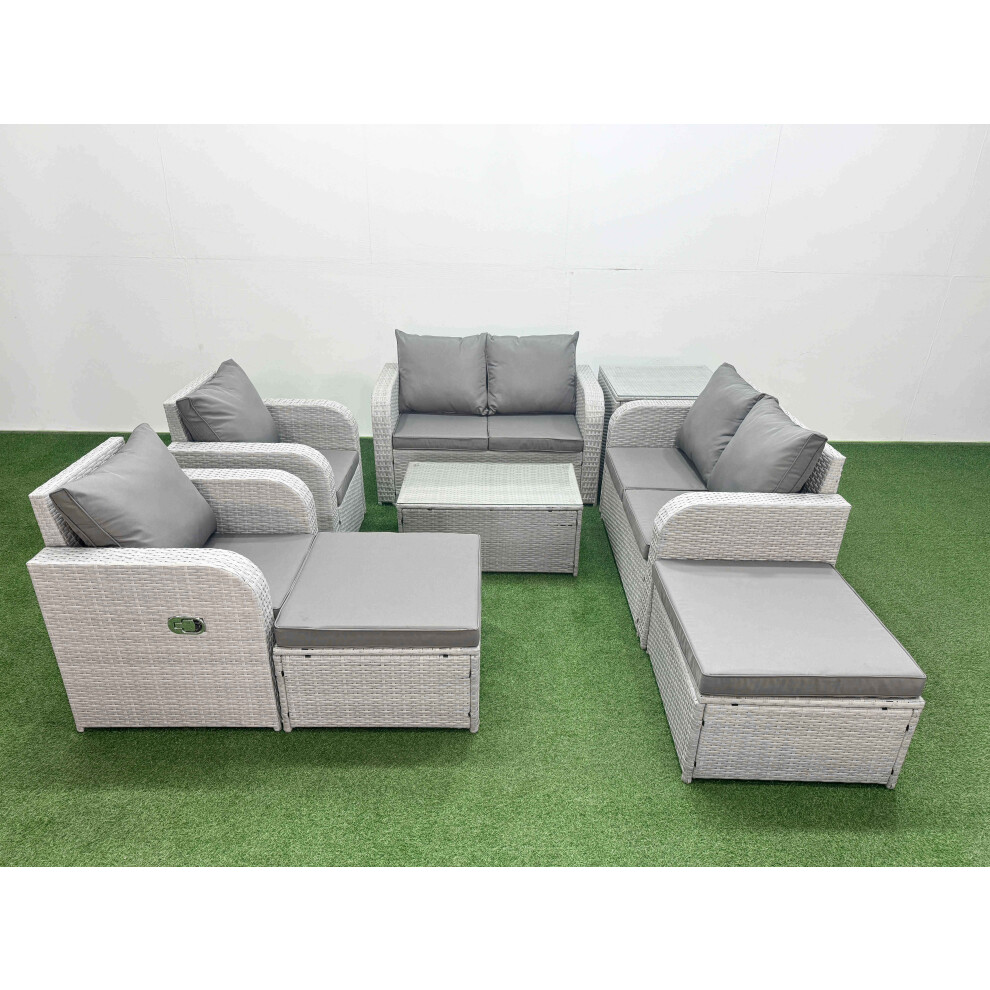 Fimous 8 Seater Outdoor Reclining Chair Love Sofa Set Rattan Garden Furniture Set with Rectangular Coffee Table 2 Big FootStools  Side Table