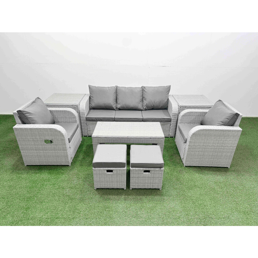 Fimous PE Rattan Garden Furniture Set Reclining Chair Sofa Lounge Sofa Set 2 Side Table 2 Small Stools Light Grey