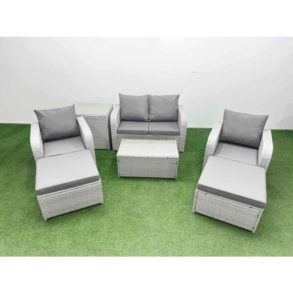 Fimous PE Wicker Rattan Garden Furniture Set Sofa Set Reclining Adjustable Chair Rectangular Coffee Table 6 Seater 3 Big Stools Side Table