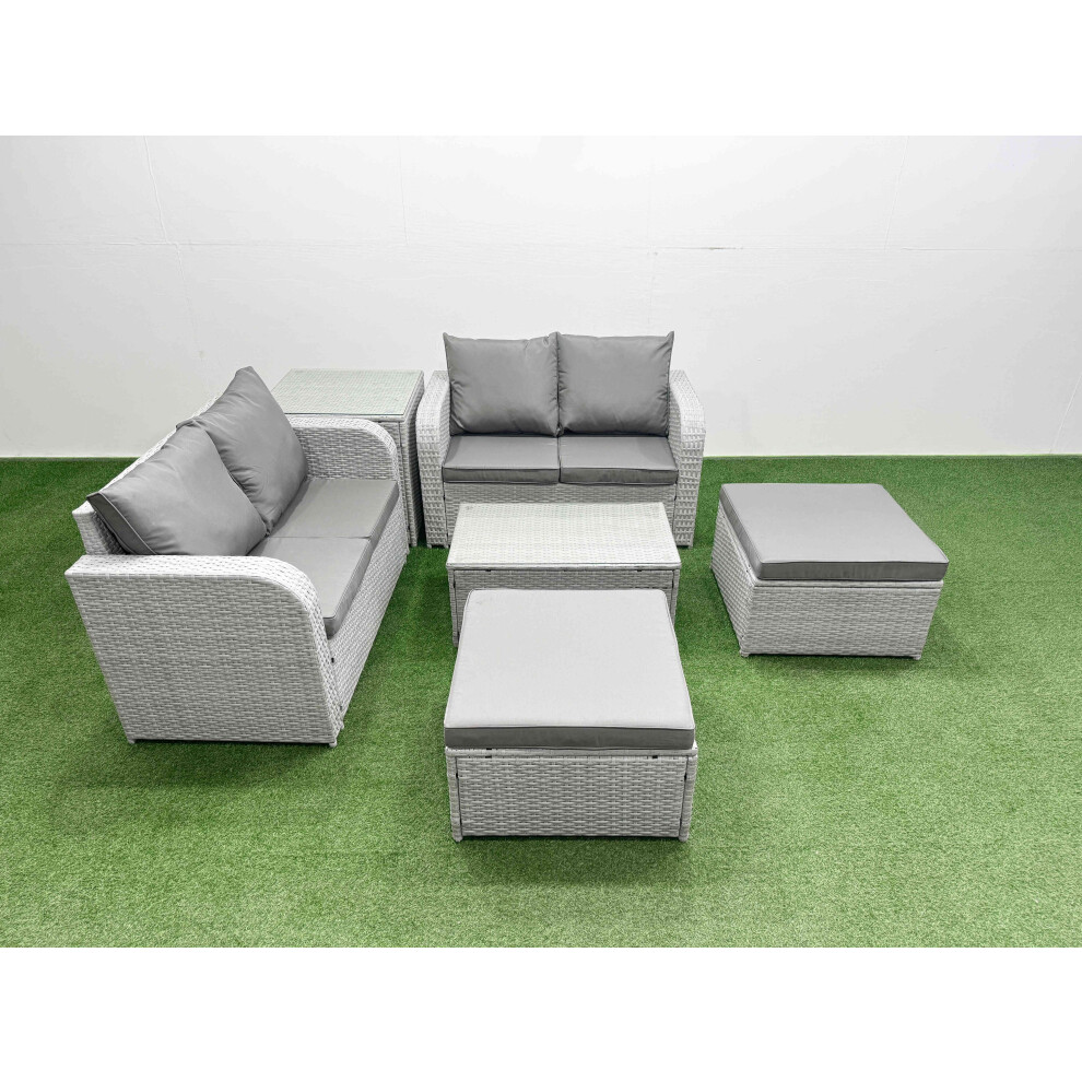 Fimous 6 Seater Outdoor Love Sofa Set Rattan Garden Furniture Set with Rectangular Coffee Table 2 Footstool Side Table Light Grey