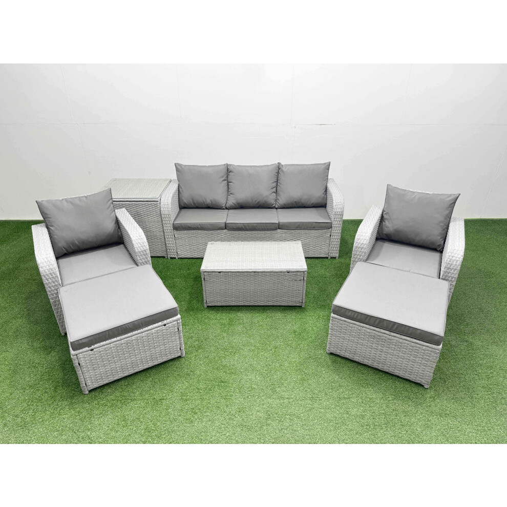 Fimous PE Rattan Garden Furniture Set Reclining Chair Sofa Lounge Sofa Set Oblong Coffee Table Side Table 2 Big Footstool Light Grey