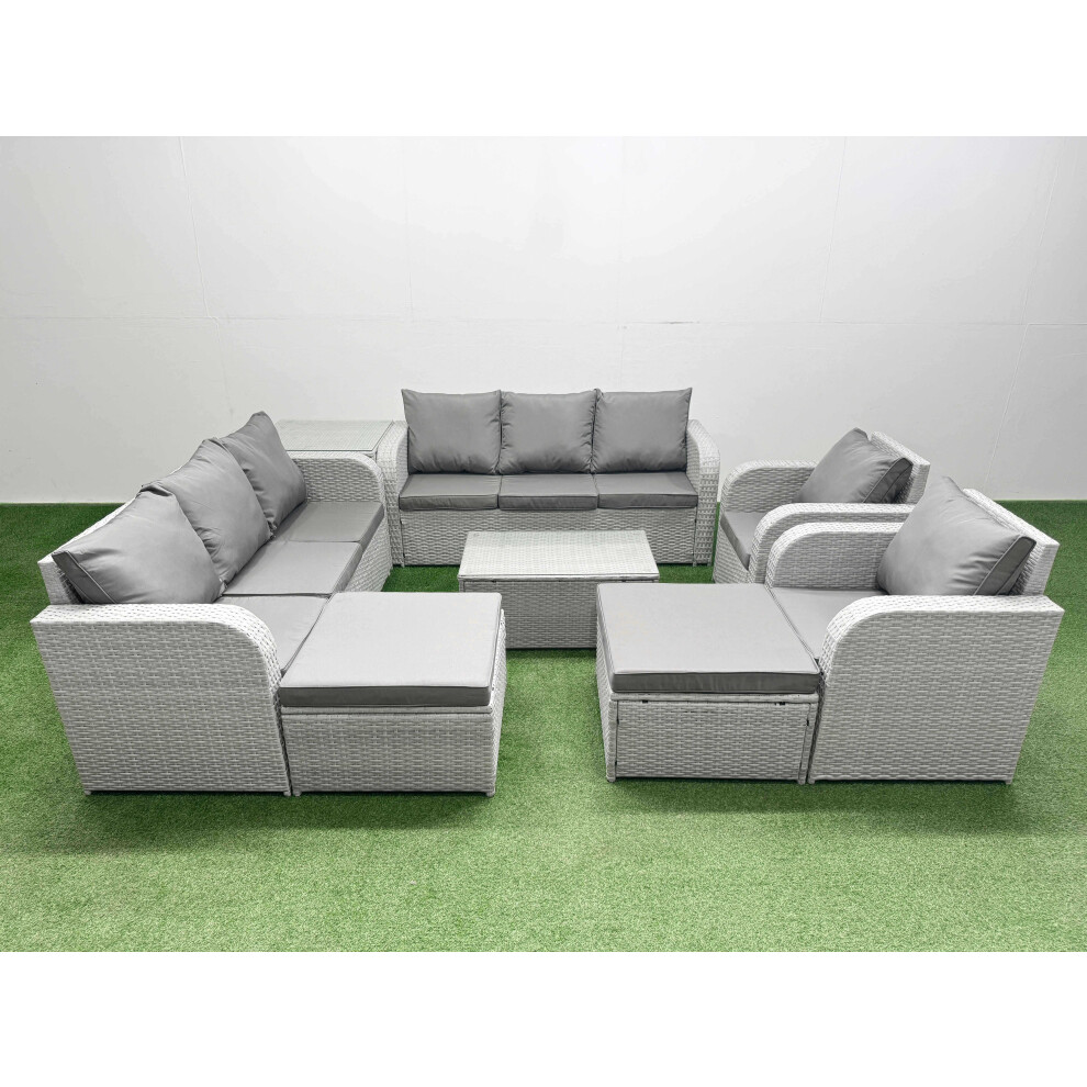 Fimous PE Rattan High Back Lounge Sofa Set Patio Coffee Table & Chairs Set with 3 Seater Sofa Reclining Chair 2 Big Footstool Side Table