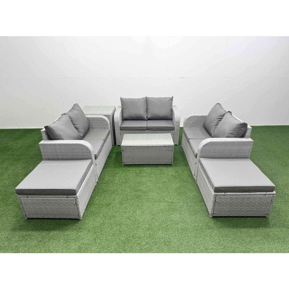 Fimous  8 Seater PE Wicker Rattan Furniture Sofa Sets with Rectangular Coffee Table 2 Seater Love Sofa 2 Big Footstool Side Table Light Grey