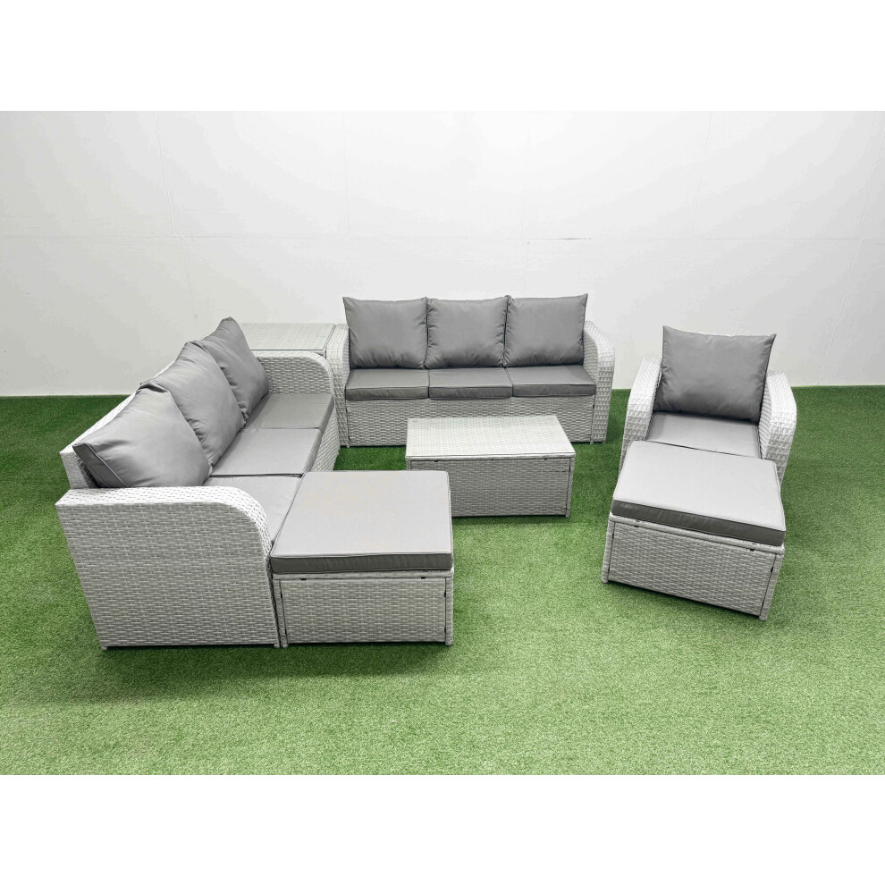 Fimous 9 Seater Poly Rattan Outdoor Garden Furniture Sofa Set Patio 3 Seater Sofa Reclining Chair 3 Seater Sofa 2 Big Footstools Side Table