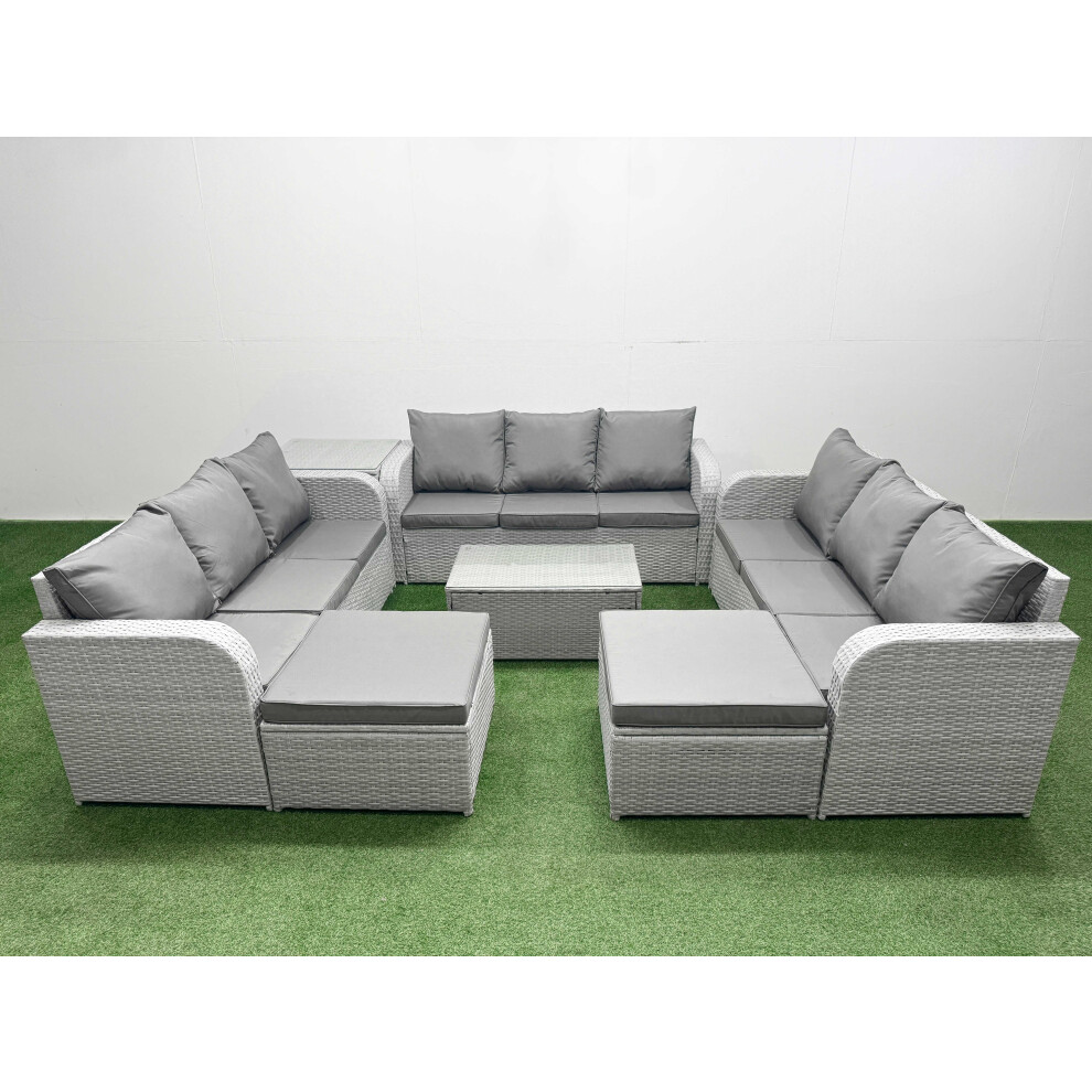 Fimous PE Rattan Lounge Sofa Set 11 Seater Outdoor Garden Furniture Set with Rectangular Coffee Table 3 Seater Sofa 2 Big Footstool