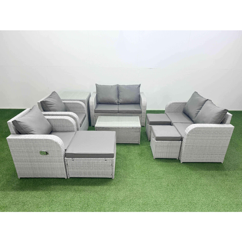 Fimous 9 Seater Outdoor Reclining Chair Love Sofa Set Rattan Garden Furniture Set with Rectangular Coffee Table 3 Stools Side Table