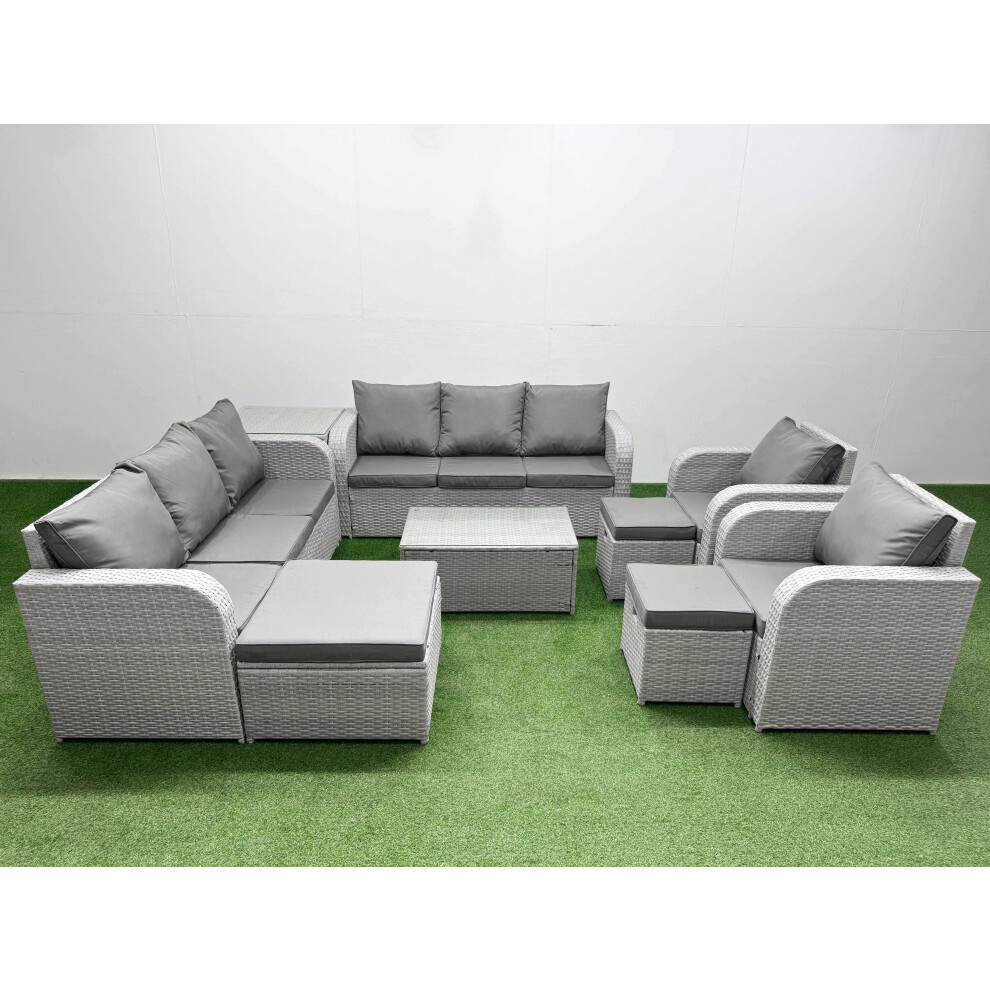 Fimous PE Rattan High Back Lounge Sofa Set Patio Coffee Table & Chairs Set with 3 Seater Sofa Reclining Chair 3 Stools Side Table Light Grey