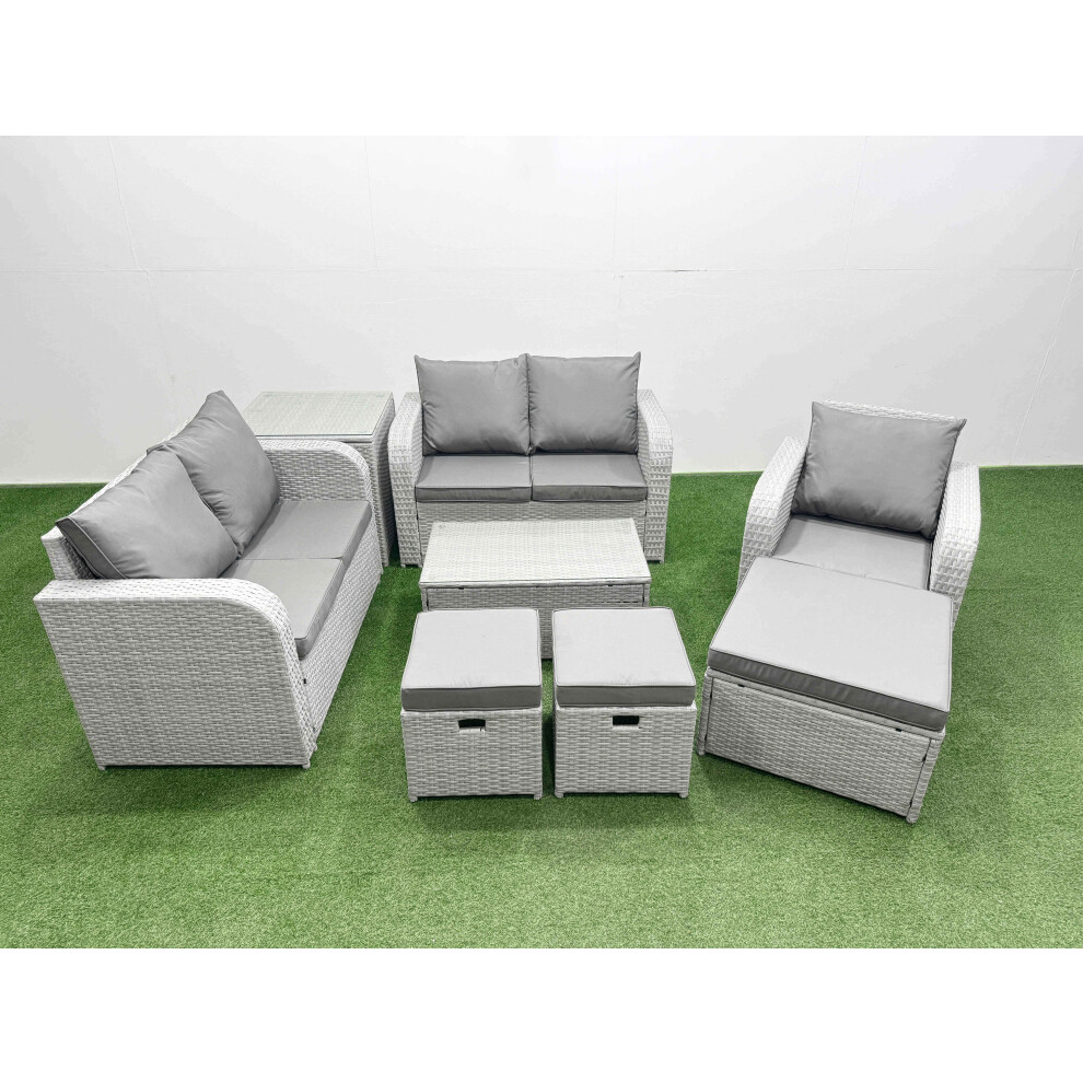 Fimous High Back Poly Rattan Garden Furniture Set with Rectangular Coffee Table Indoor Outdoor Patio  Set 3 Stools Side Table Light Grey