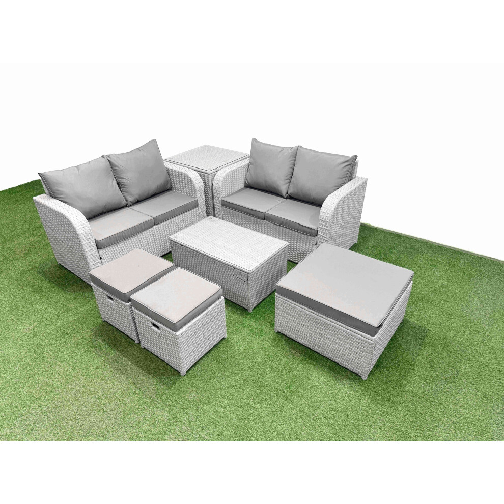 Fimous 7 Seater Outdoor Love Sofa Set Rattan Garden Furniture Set with Rectangular Coffee Table 3 Footstool Side Table Light Grey