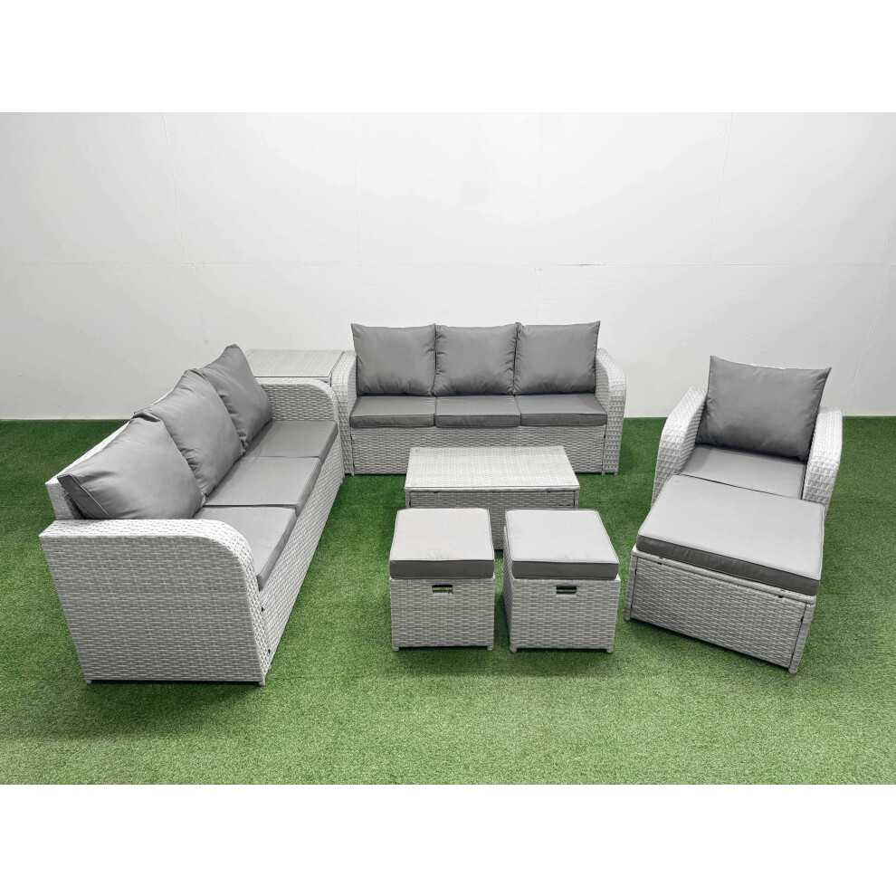 Fimous Unisex Light Grey Seater Poly Rattan Outdoor Garden Furniture Sofa Set Patio 3 Seater Sofa Reclining Chair 3 Seater Sofa 3 Stools Side Table Size 10 - Image 2