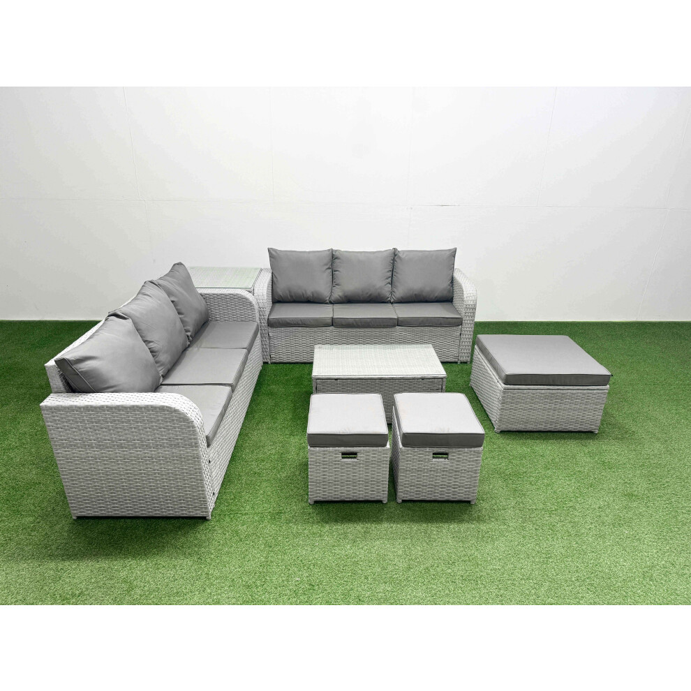 B&Q - 9 Seater Wicker Rattan Furniture Sofa Sets Rectangular Coffee Table High Back Lounge Sofa 3 Stools Side Table Light Grey - Image 2