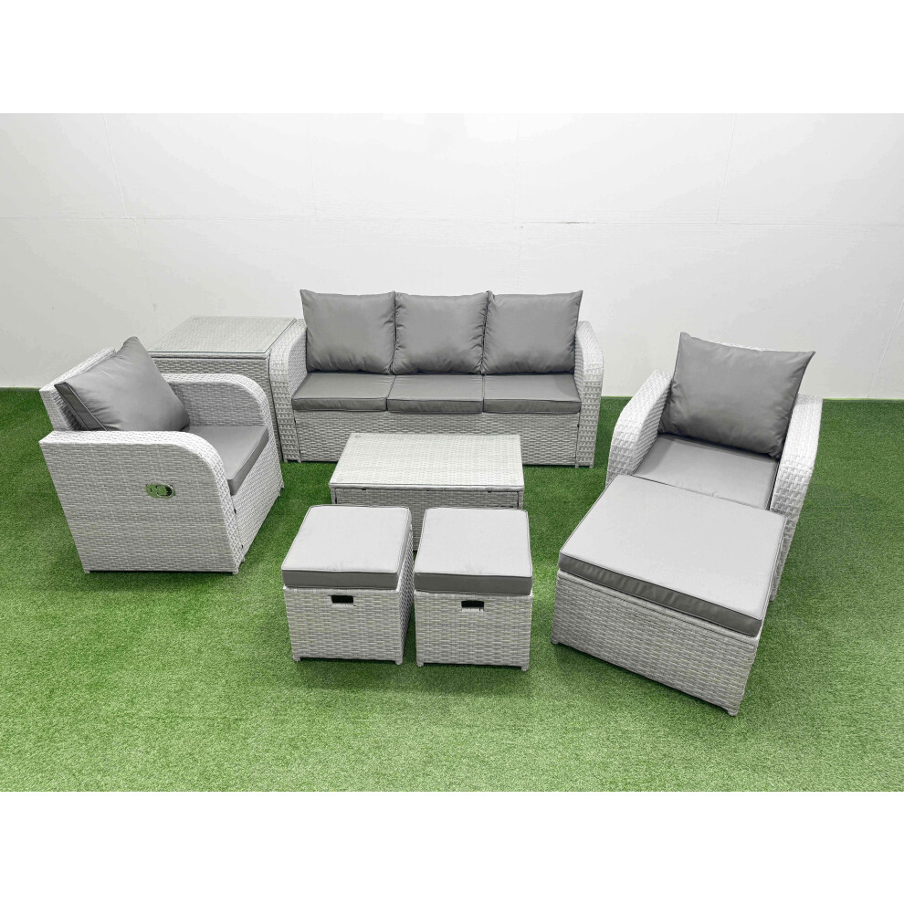 Fimous PE Rattan Garden Furniture Set Reclining Chair Sofa Lounge Sofa Set Oblong Coffee Table Side Table 3 Stools Light Grey