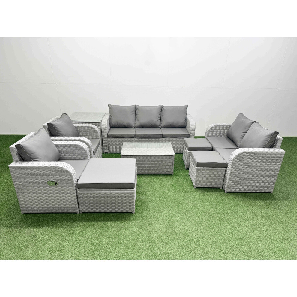 Fimous Pe Rattan Garden Furniture Set Adjustable Chair Sofa Double Love Seat 2 Seater Sofa Lounge Set Oblong Coffee Table 3 Stools Side Table