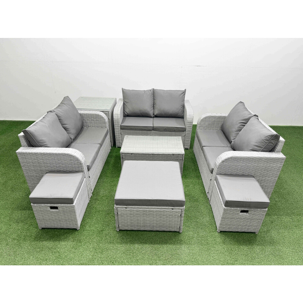 Fimous  9 Seater PE Wicker Rattan Furniture Sofa Sets with Rectangular Coffee Table 2 Seater Love Sofa 3 Stool Side Table Light Grey