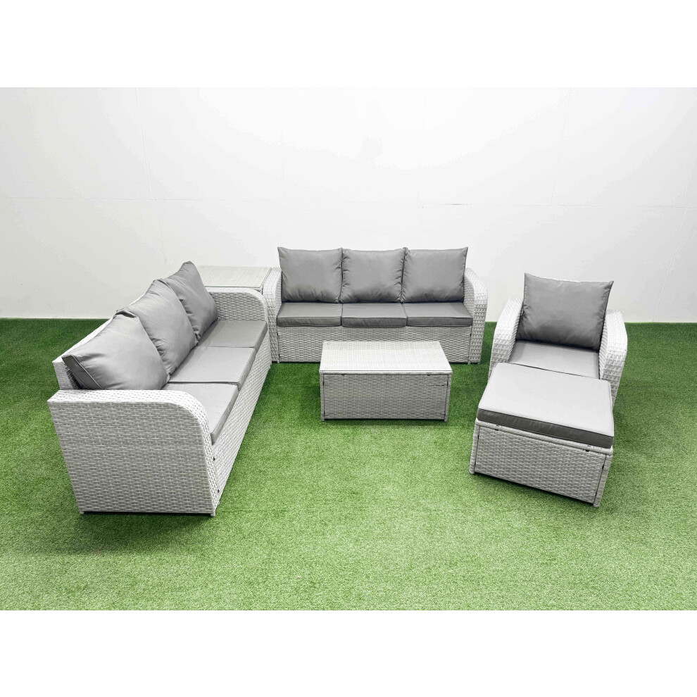 Rackhams Light/Grey 8 Seater Poly Rattan Outdoor Garden Furniture Sofa Set Patio 3 Seater Sofa Reclining Chair 3 Seater Sofa Big Footstool Side Table - Image 2