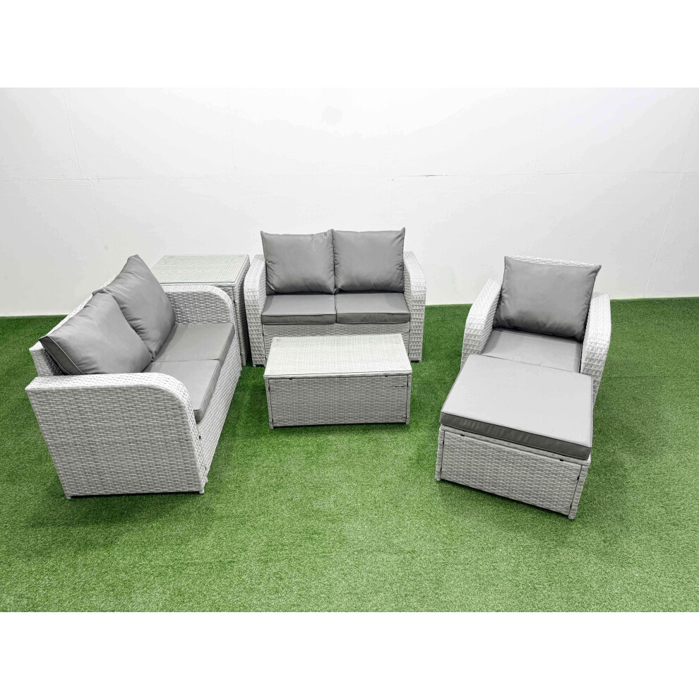 Fimous High Back Poly Rattan Garden Furniture Set with Rectangular Coffee Table Indoor Outdoor Patio  Set Big Stool Side Table Light Grey