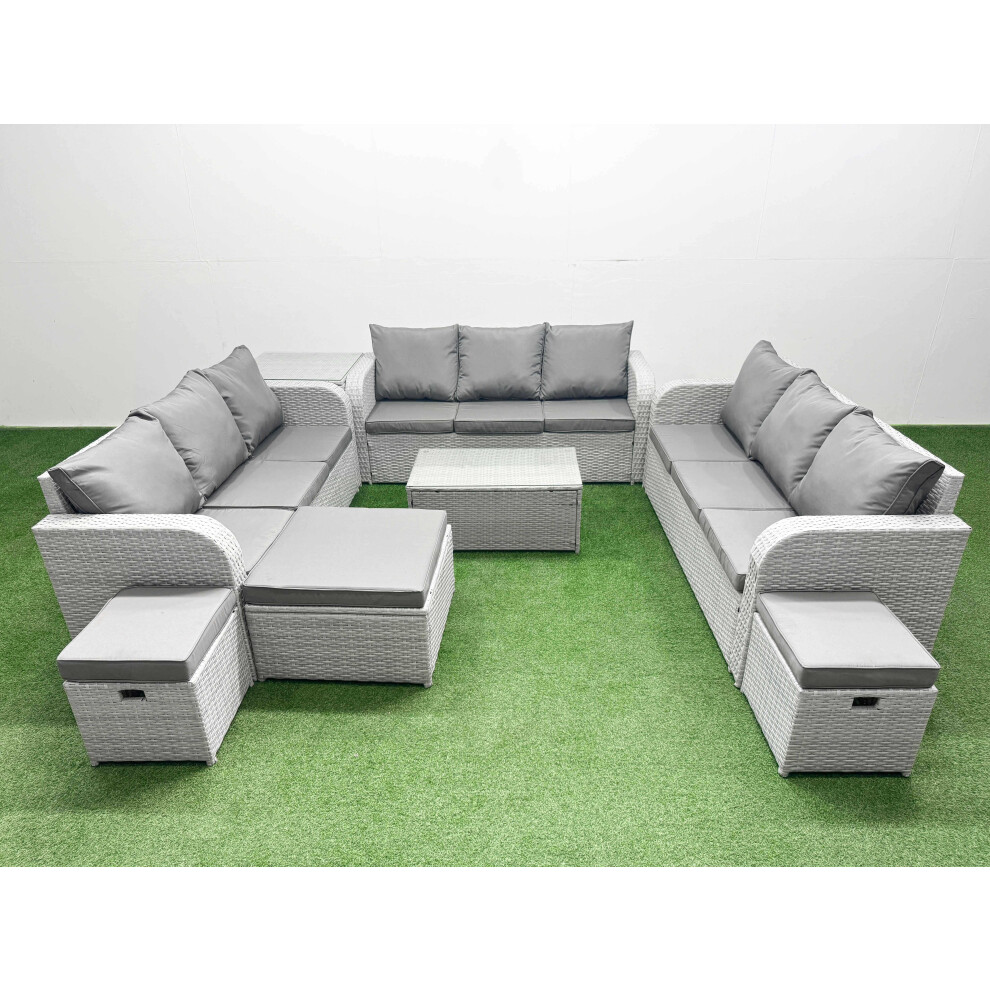 Fimous PE Rattan Lounge Sofa Set 12 Seater Outdoor Garden Furniture Set with Rectangular Coffee Table 3 Seater Sofa 3 Stools Side Table