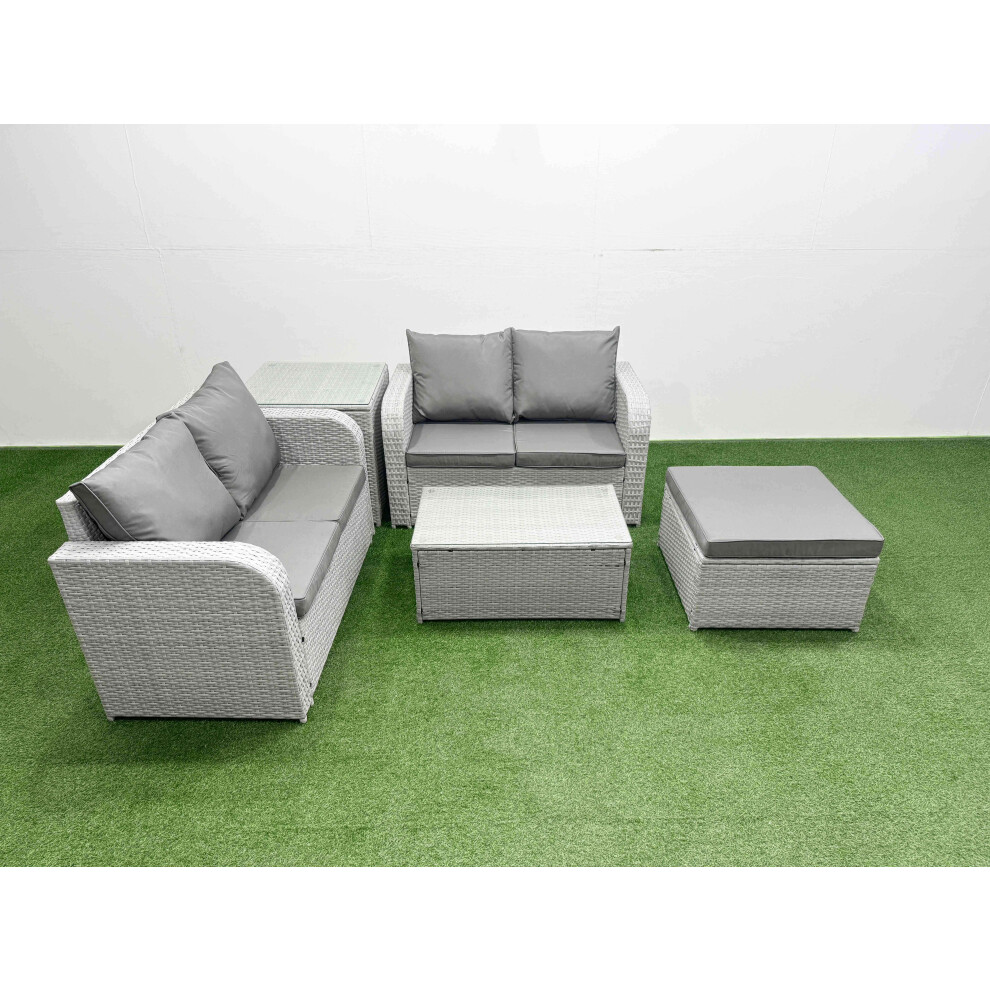 Rackhams Light/Grey 5 Seater Outdoor Love Sofa Set Rattan Garden Furniture Set With Rectangular Coffee Table Big Footstool Side Table - Image 2