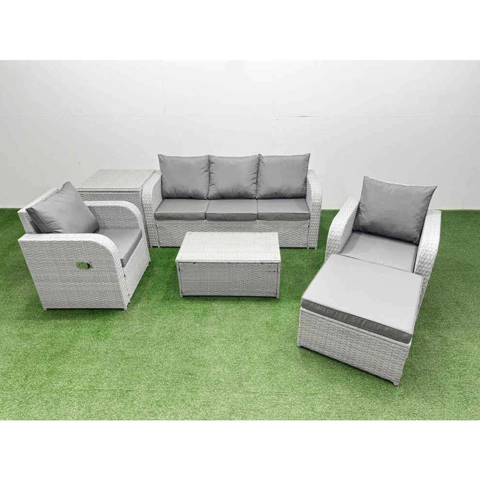 Fimous PE Rattan Garden Furniture Set Reclining Chair Sofa Lounge Sofa Set Oblong Coffee Table Side Table Big Footstool Light Grey