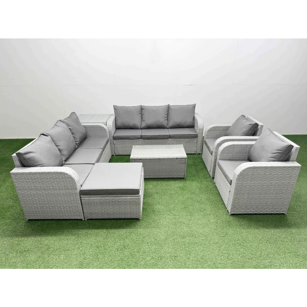 Fimous PE Rattan High Back Lounge Sofa Set Patio Coffee Table & Chairs Set with 3 Seater Sofa Reclining Chair Big Footstool Side Table