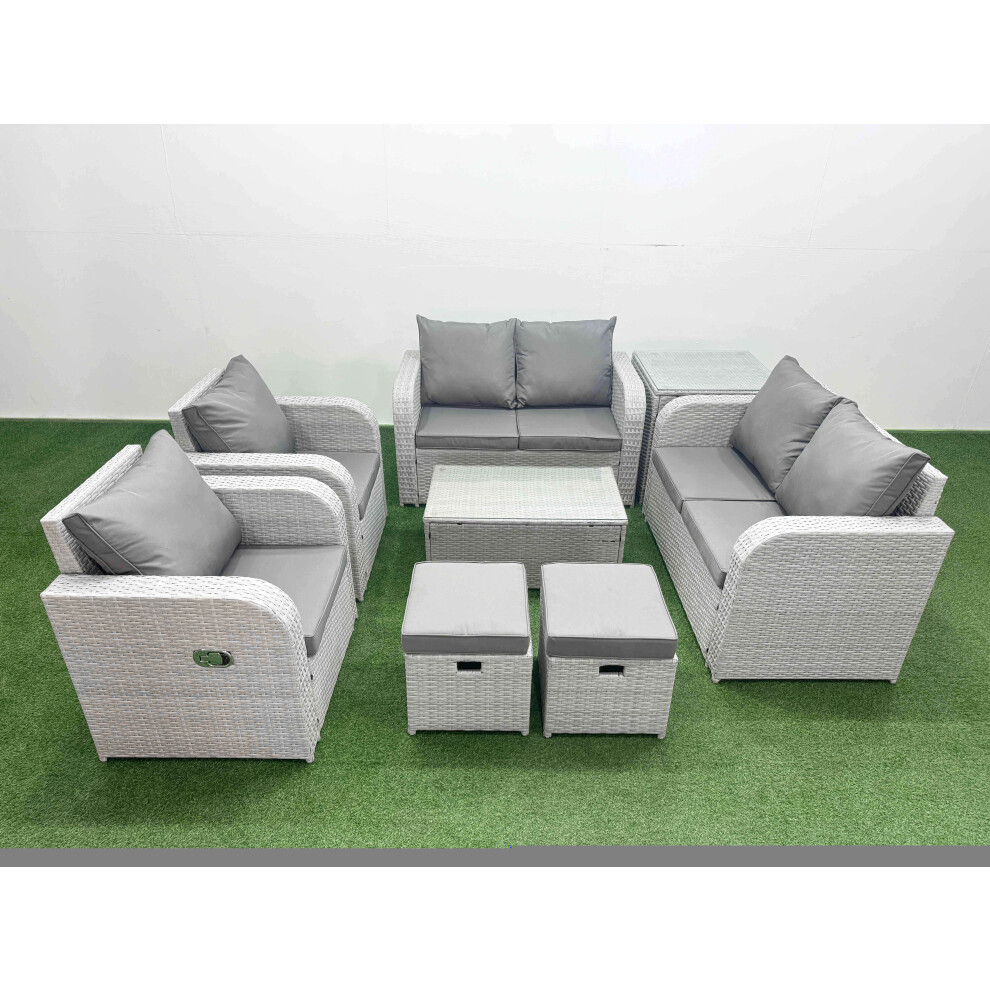 Rackhams Light/Grey 8 Seater Outdoor Reclining Chair Love Sofa Set Rattan Garden Furniture Set With Rectangular Coffee Table 2 Stools Side Table - Image 2