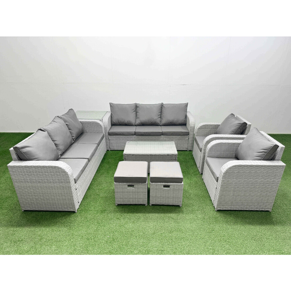 Fimous PE Rattan High Back Lounge Sofa Set Patio Coffee Table & Chairs Set with 3 Seater Sofa Reclining Chair Stools Side Table Light Grey