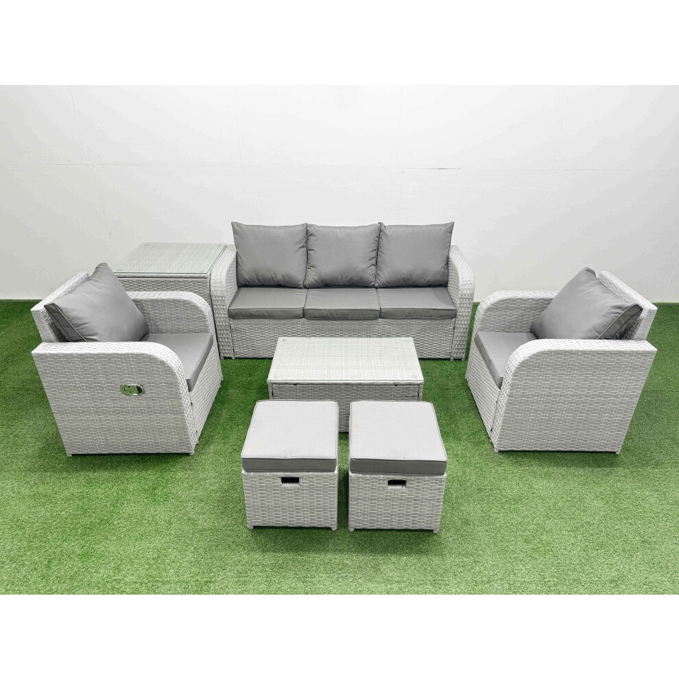 Fimous PE Rattan Garden Furniture Set Reclining Chair Sofa Lounge Sofa Set Oblong Coffee Table Side Table 2 Small Stools Light Grey