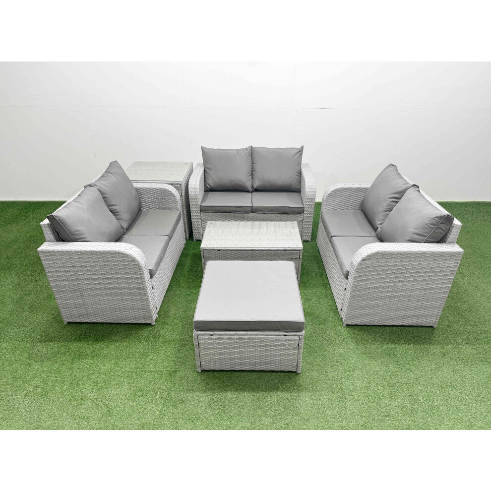 Fimous  7 Seater PE Wicker Rattan Furniture Sofa Sets with Rectangular Coffee Table 2 Seater Love Sofa Big Footstool Side Table Light Grey