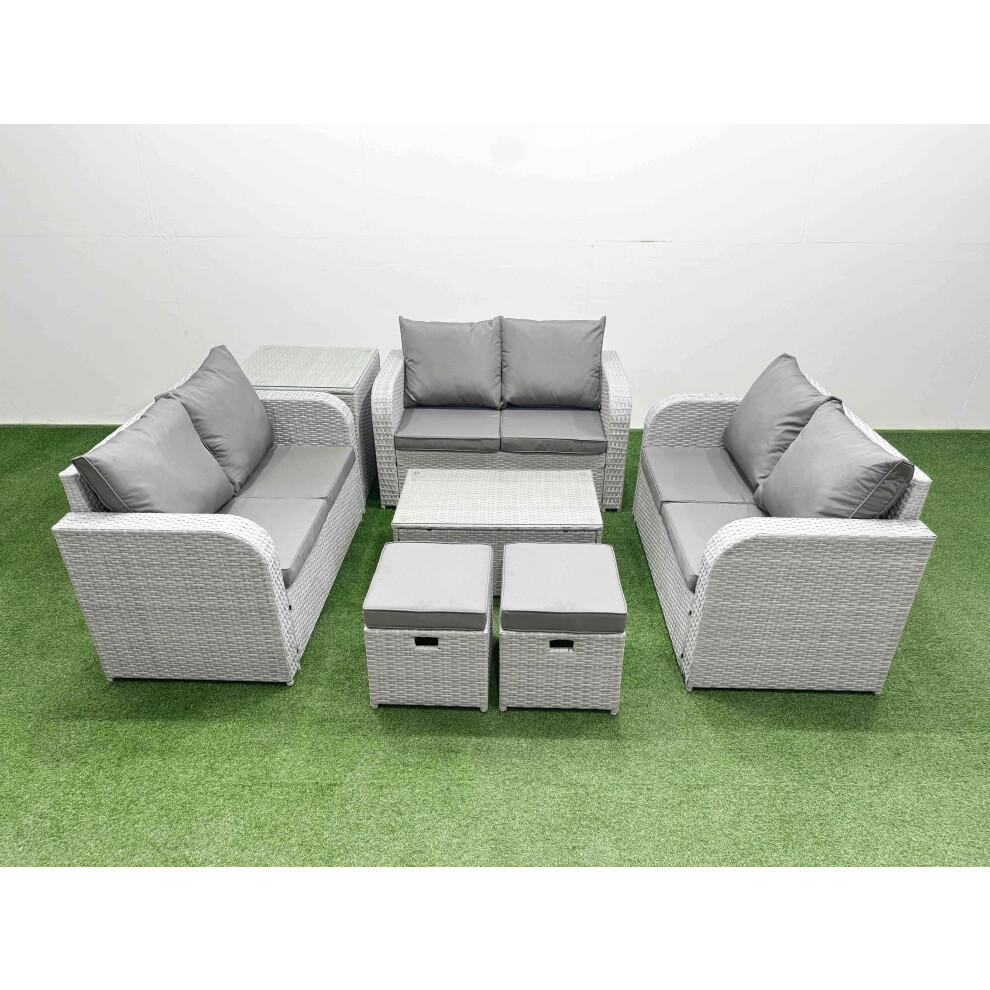 Fimous  8 Seater PE Wicker Rattan Furniture Sofa Sets with Rectangular Coffee Table 2 Seater Love Sofa 2 Stool Side Table Light Grey