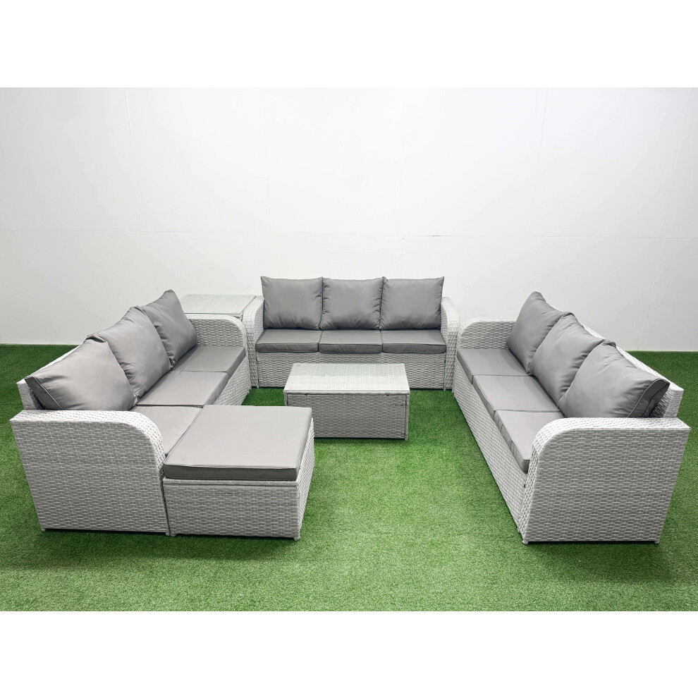 Fimous Light/Grey 10-Seater Pe Rattan Outdoor Lounge Set | Rectangular Coffee Table, 3-Seater Sofa, Large Footstool, Side Table - Image 2