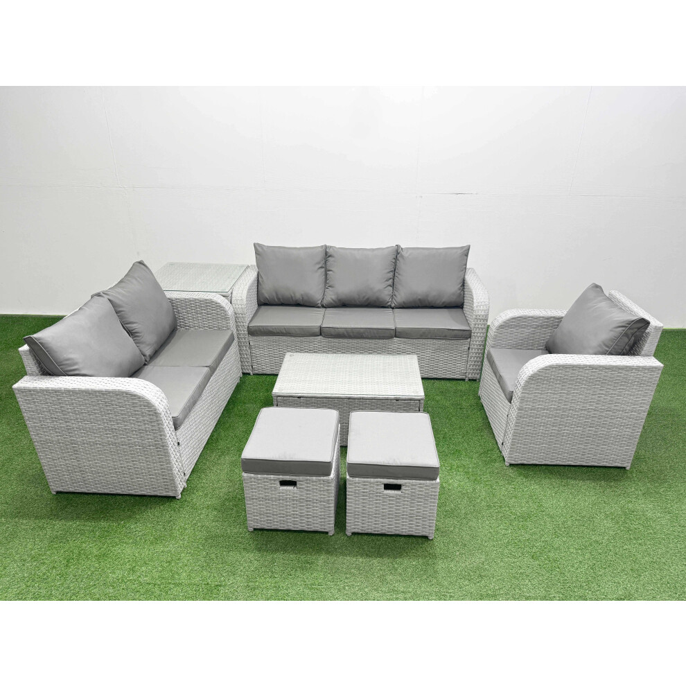 Fimous Patio PE Wicker 8 Seater Outdoor Rattan Furniture Sofa Sets with Rectangular Coffee Table 3 Seater Sofa Stool Side Table Light Grey