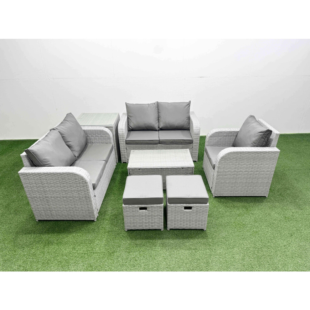 Fimous High Back Poly Rattan Garden Furniture Set with Rectangular Coffee Table Indoor Outdoor Patio  Set 2 Stool Side Table Light Grey