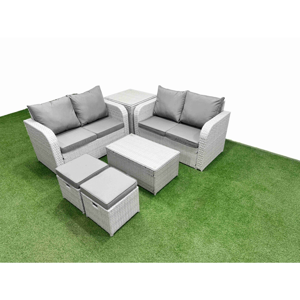 Fimous 6 Seater Outdoor Love Sofa Set Rattan Garden Furniture Set with Rectangular Coffee Table 2 Small Stools Side Table Light Grey