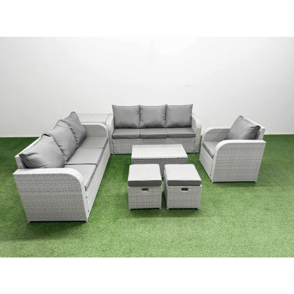 Fimous 9 Seater Poly Rattan Outdoor Garden Furniture Sofa Set Patio 3 Seater Sofa Reclining Chair 3 Seater Sofa Stools Side Table Light Grey