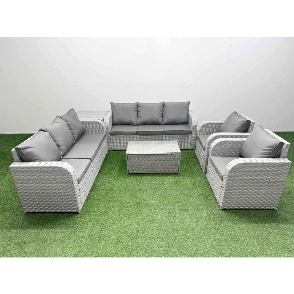 Fimous PE Rattan High Back Lounge Sofa Set Patio Coffee Table & Chairs Set with 3 Seater Sofa Reclining Chair Side Table Light Grey