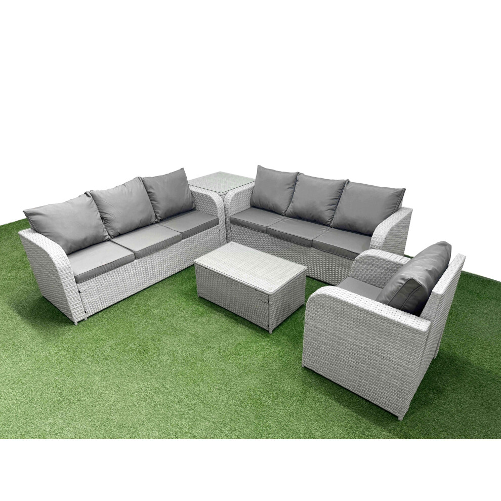 Fimous 7 Seater Poly Rattan Outdoor Garden Furniture Sofa Set Patio 3 Seater Sofa Reclining Chair 3 Seater Sofa Side Table Light Grey