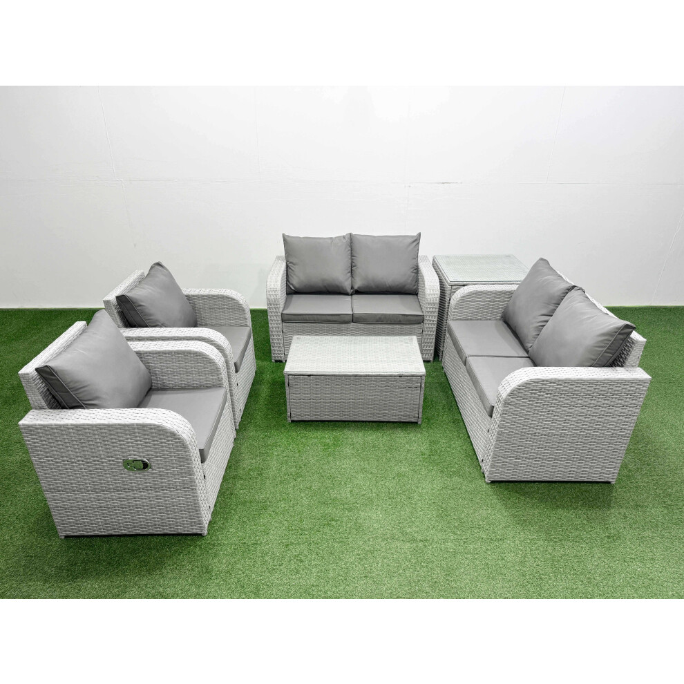 Rackhams Light/Grey 6 Seater Outdoor Reclining Chair Love Sofa Set Rattan Garden Furniture Set With Rectangular Coffee Table Side Table - Image 2