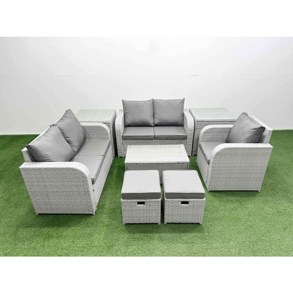 Fimous High Back Poly Rattan Garden Furniture Set with Rectangular Coffee Table Indoor Outdoor Patio  Set 2 Stool 2 Side Table Light Grey