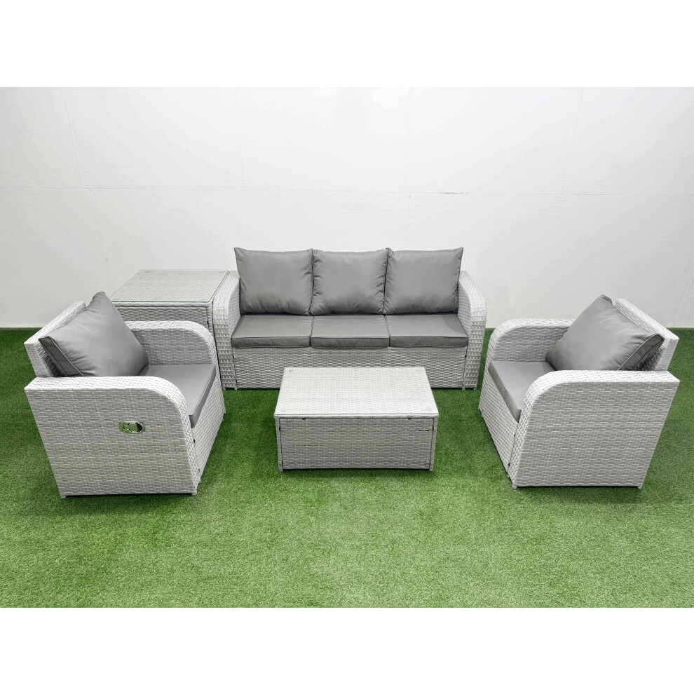 Fimous PE Rattan Garden Furniture Set Reclining Chair Sofa Lounge Sofa Set Oblong Coffee Table Side Table Light Grey