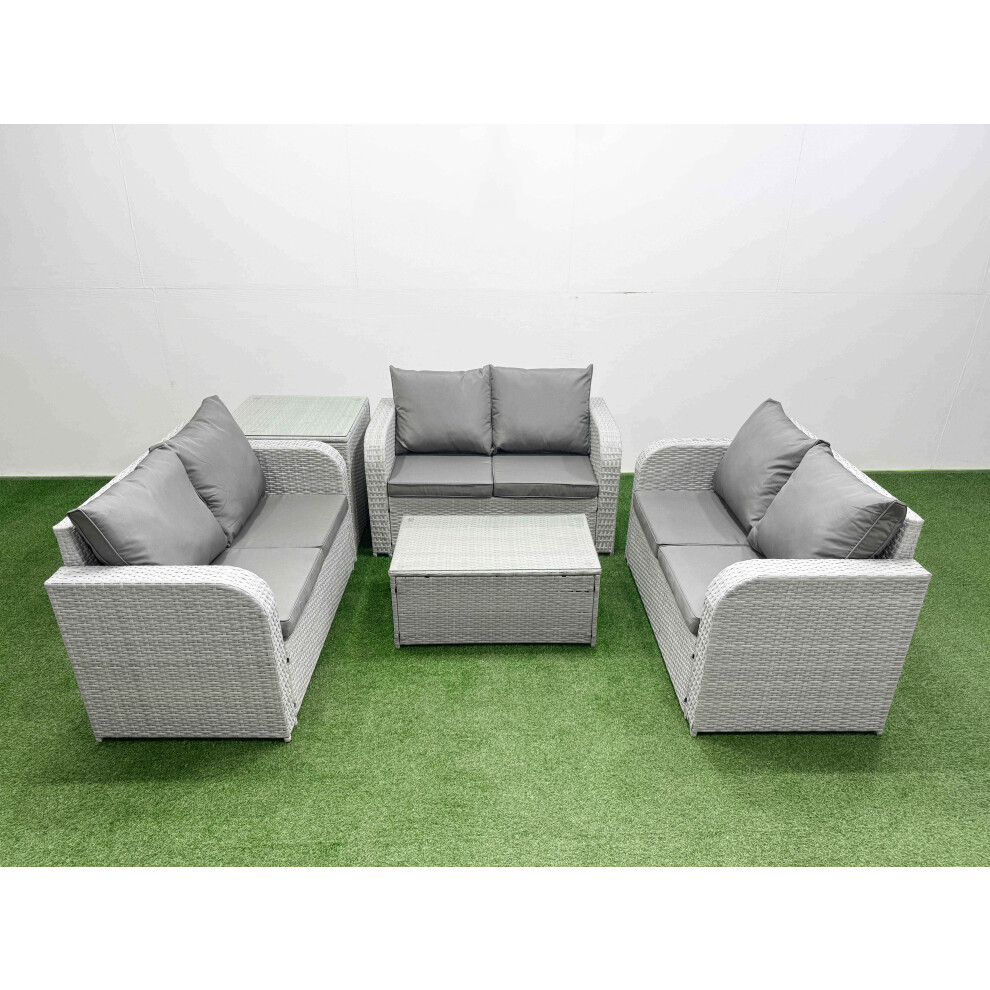 Fimous  6 Seater PE Wicker Rattan Furniture Sofa Sets with Rectangular Coffee Table 2 Seater Love Sofa Side Table Light Grey