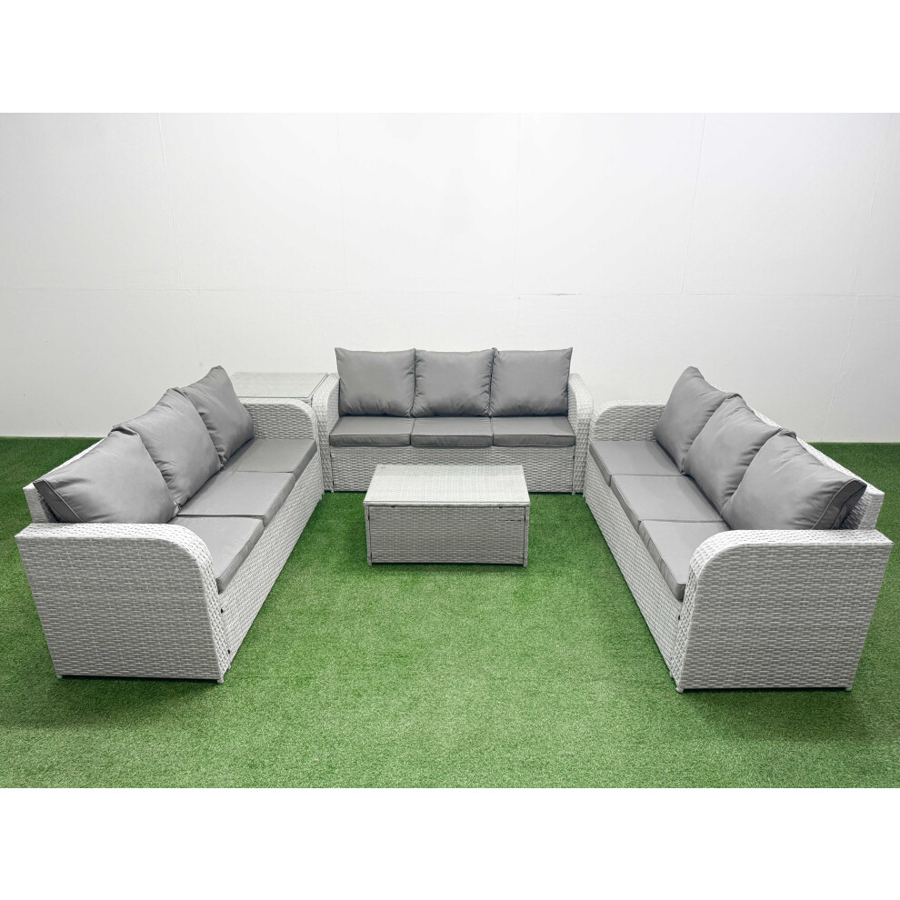 Fimous PE Rattan Lounge Sofa Set 9 Seater Outdoor Garden Furniture Set with Rectangular Coffee Table 3 Seater Sofa Side Table Light Grey