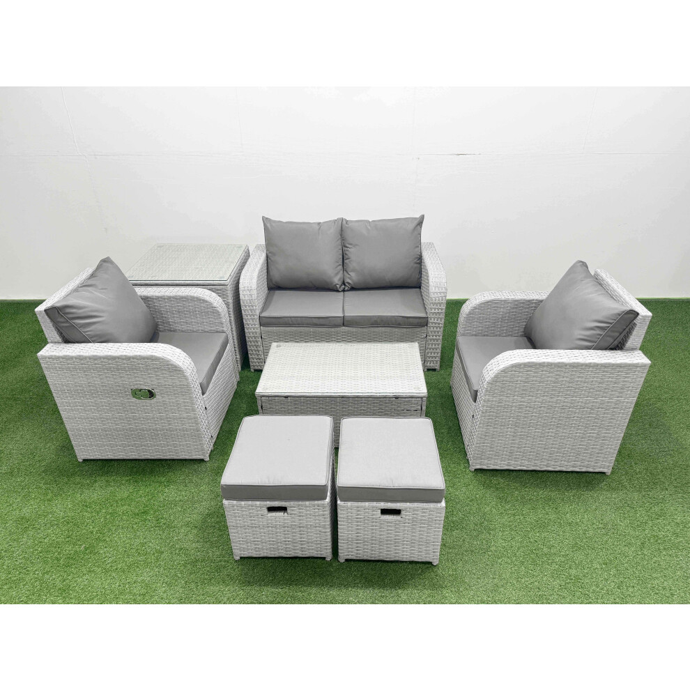 Fimous PE Wicker Rattan Garden Furniture Set Sofa Set Reclining Adjustable Chair Rectangular Coffee Table 6 Seater 2 Small Stools Side Table