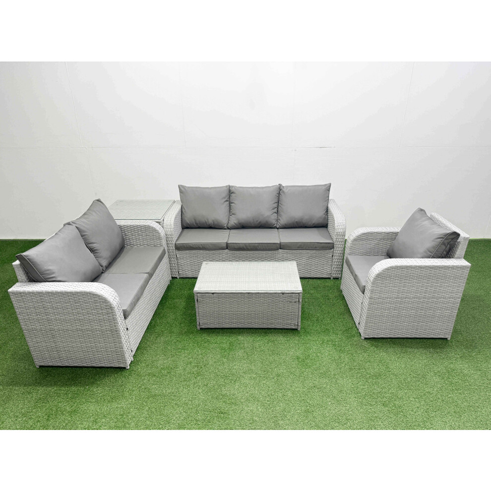 Fimous Patio PE Wicker 6 Seater Outdoor Rattan Furniture Sofa Sets with Rectangular Coffee Table 3 Seater Sofa Side Table