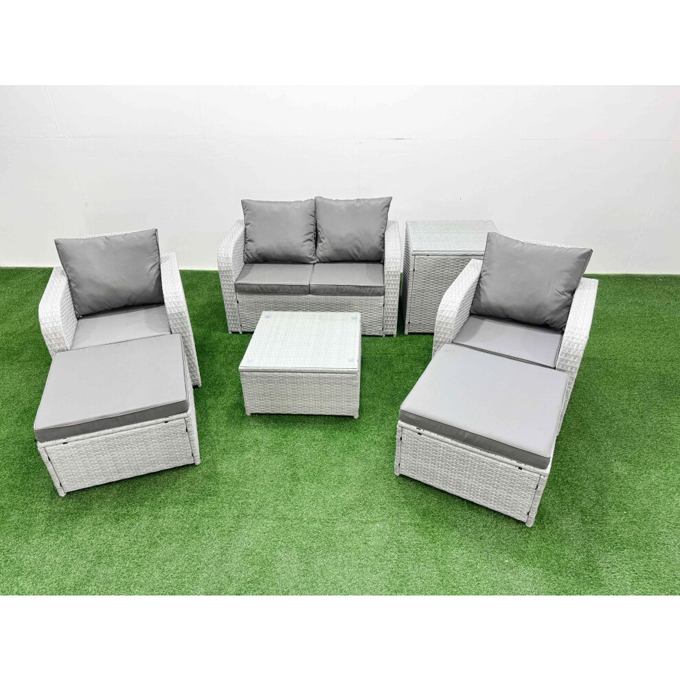 Fimous Light Grey PE Wicker Rattan Garden Furniture Set Sofa Set Reclining Adjustable Chair 6 Seater 2 Big Stools Side Table