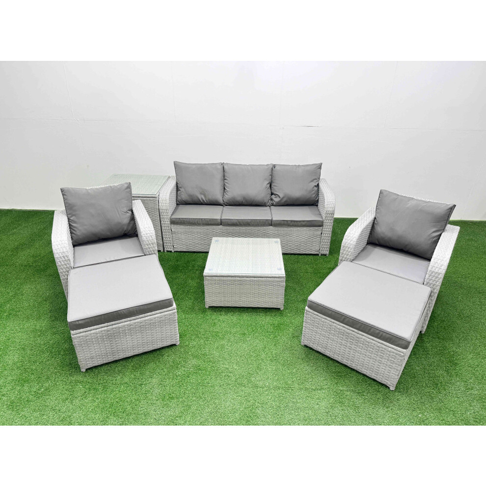 Fimous PE Rattan Garden Furniture Set Reclining Chair Sofa Lounge Sofa Set Square Coffee Table Side Table 2 Big Footstool Light Grey