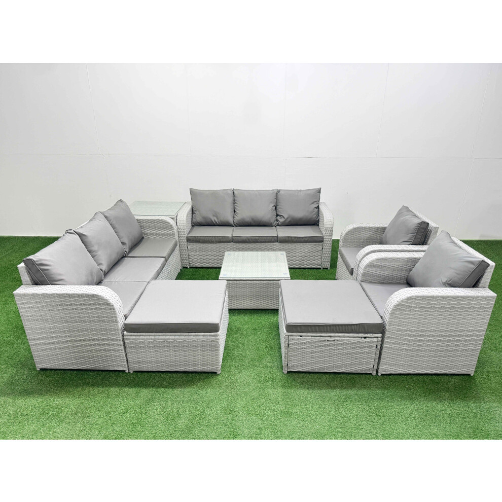 Fimous PE Rattan High Back Lounge Sofa Set Patio Square Coffee Table & Chairs Set with Reclining Chair 2 Big Footstool Side Table